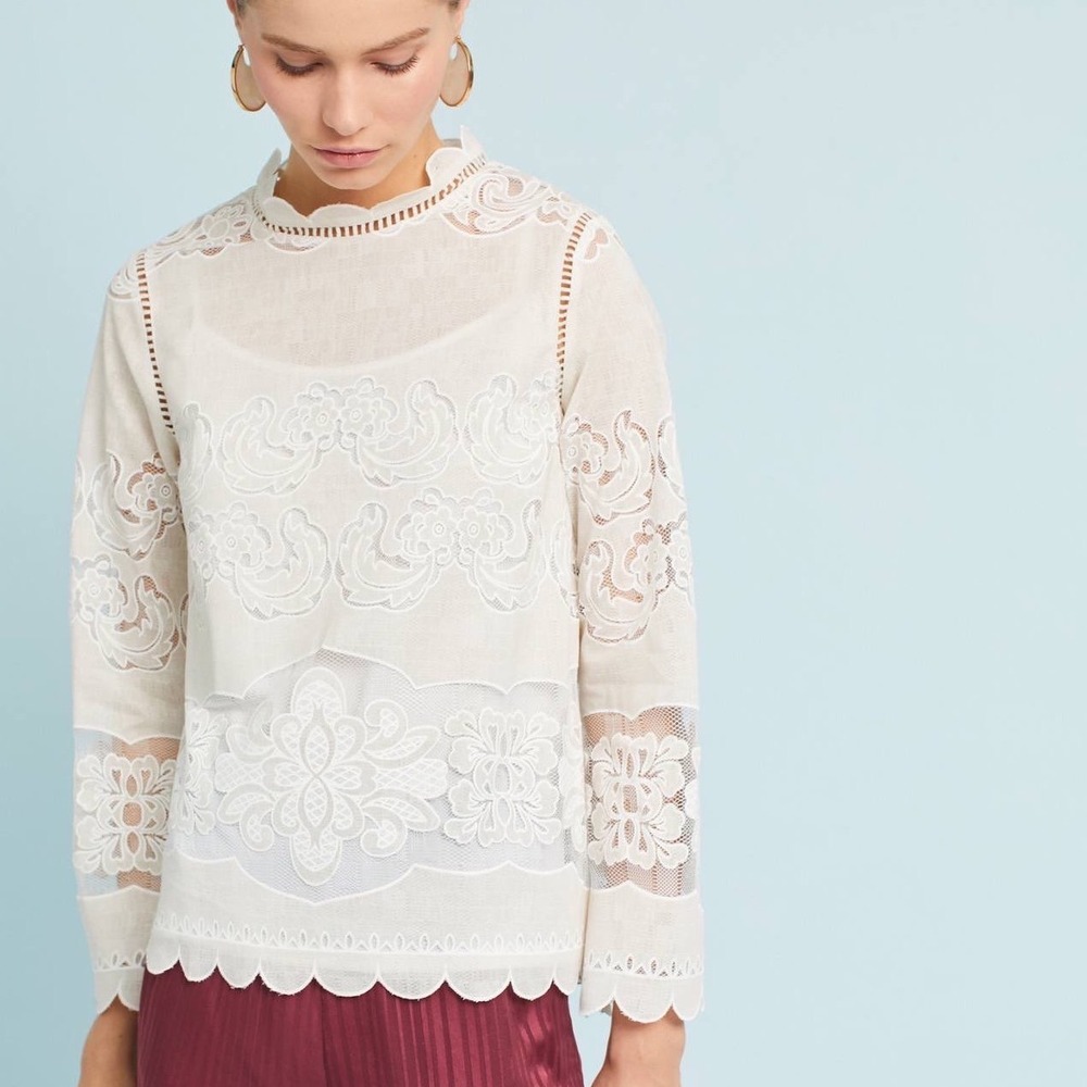 Anthropologie James Coviello Womens Beige Floral Lace Scalloped Mock Blouse Sz 8